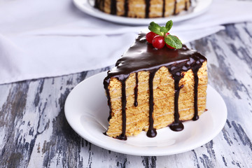 Chocolate cake on wooden table