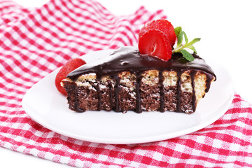 Chocolate cake on napkin, close-up