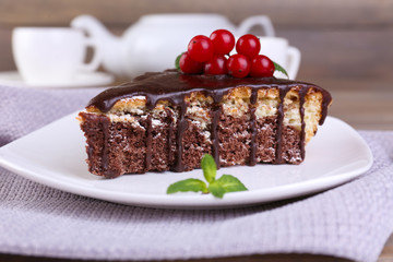 Chocolate cake on table