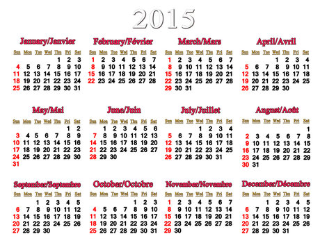usual calendar for 2015 year on the white