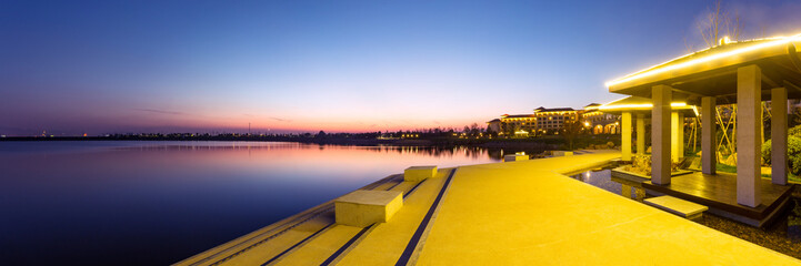 beautiful sunset at the lakeside close to  holiday resort