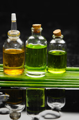 Obraz na płótnie Canvas massage oil and set of green plant stem still life