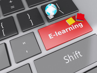 Fototapeta premium 3d books icon on computer keyboard. Education concept.