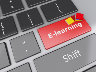 Fototapeta premium 3d books icon on computer keyboard. Education concept.