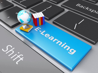 Fototapeta premium 3d Books on the computer keyboard. Online Education concept.