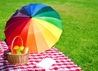 Rainbow umbrella, book and Picnic basket - 75568968