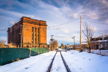 Snow covered railroad track in York, Pennsylvania.