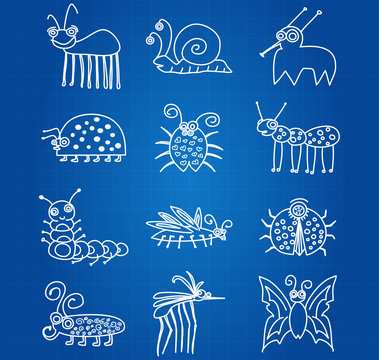 Bugs And Insects Icon Collection Set On Blueprint