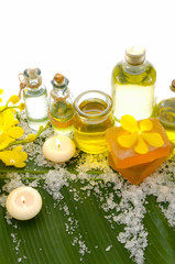 health spa and banana leaf texture with many white salt