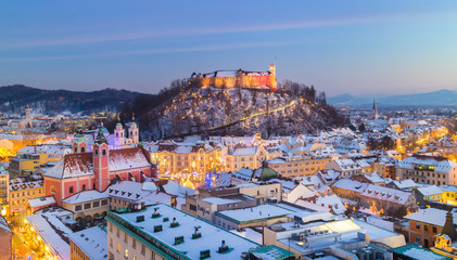 Panorama of Ljubljana in winter. Slovenia, Europe. - obrazy, fototapety, plakaty
