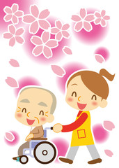 車椅子で花見　おじいちゃん