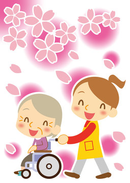 車椅子で花見　おばあちゃん