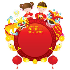 Obraz na płótnie Canvas Chinese New Year Frame with Kids Dragon and Lion