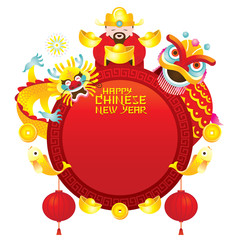 Chinese New Year Frame with God Dragon and Lion