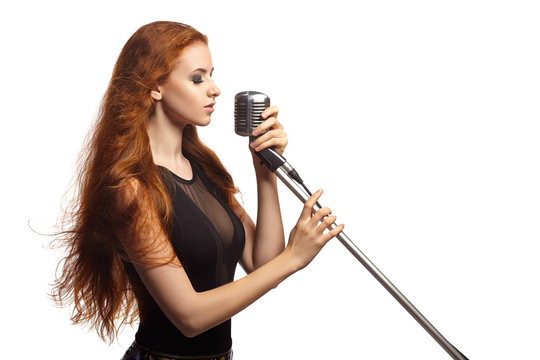 Singing Woman with Retro Microphone.