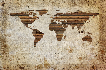 Grunge vintage wooden plank world map background.