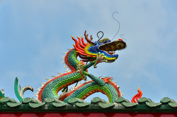 Fototapeta na wymiar Dragon on the roof of a Chinese temple in Yangon, Myanmar