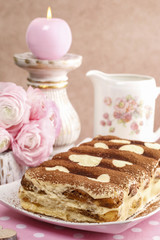 Tiramisu cake decorated with hearts