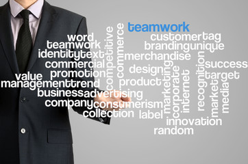 Business man presenting wordcloud related to teamwork