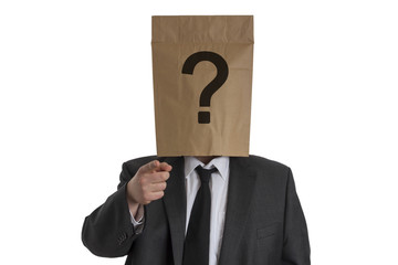 Man with Paper Bag with question mark on his head pointing into