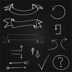 Arrows and banners set. Hand drawn chalk on blackboard. Eps10.