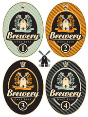 set of labels for beer and the brewery with a mill