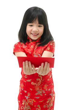 Beautiful Asian Girl Holding Ang Pow Or Red Packet Monetary Gift