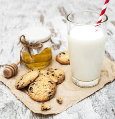 Chocolate chip cookie and glass of milk