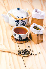 Chinese set of tea on wooden table