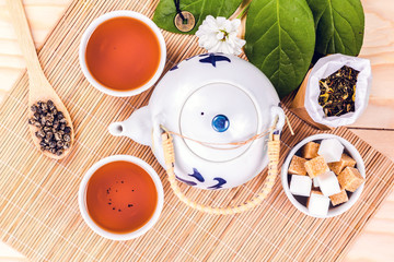 chinese set tea on wooden table view