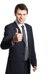 businessman isolated on white shows thumb up