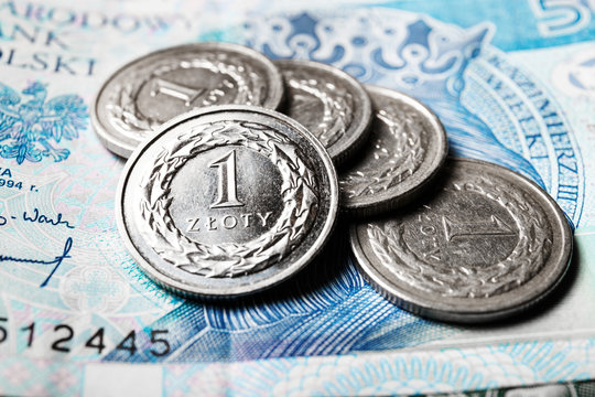 Polish zloty coins, close up