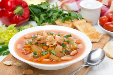 minestrone with vegetables, beans and croutons