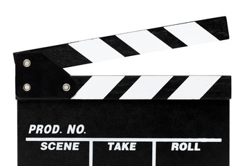 Close-up of Film Clapboard. Isolated on white.