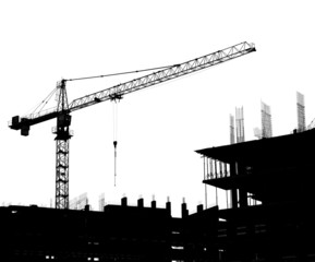 Silhouettes of a construction crane and building on a white back