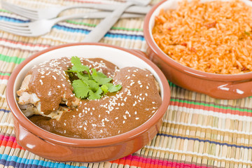 Mole Poblano - Chicken with mole sauce and Mexican rice.