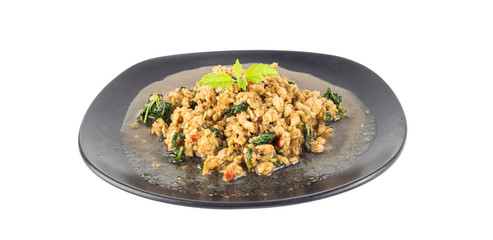 Thai spicy food  Stir fried chicken with basil isolated on white