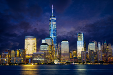 Lower Manhattan skyline at twilight, New York - obrazy, fototapety, plakaty