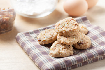 homemade oat cookies with raisin on napkin