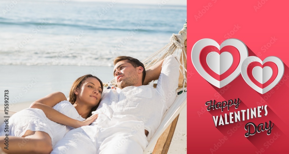 Poster composite image of peaceful couple relaxing on hammock