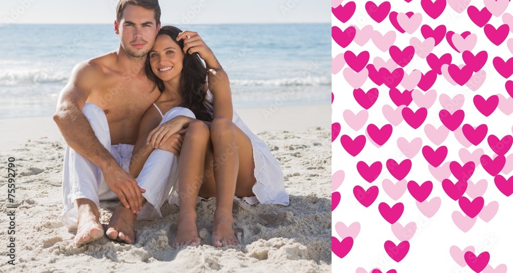 Poster composite image of cuddling couple smiling at camera