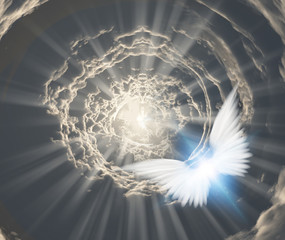 Angel in tunnel of clouds