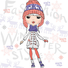 Fototapeta na wymiar Vector beautiful fashion girl in winter