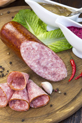 sausage on a wooden plate in a restaurant