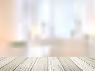 Fototapeta na wymiar wooden desk over blurred interior scene