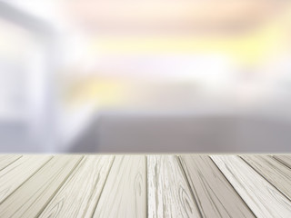 wooden desk over blurred interior scene