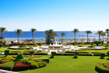 Fototapeta na wymiar The fountain near beach at the luxury hotel, Sharm el Sheikh, Eg