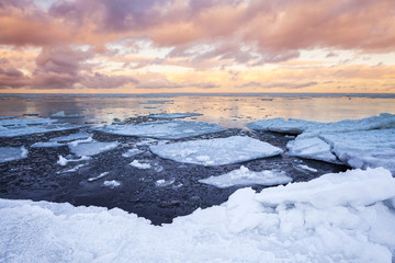 Winter Sea landscape with floating ice