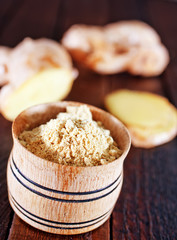 dry ginger in the wooden bowl and on a table