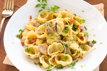Gnocchi with mushrooms and dried tomatoes, italian cusine